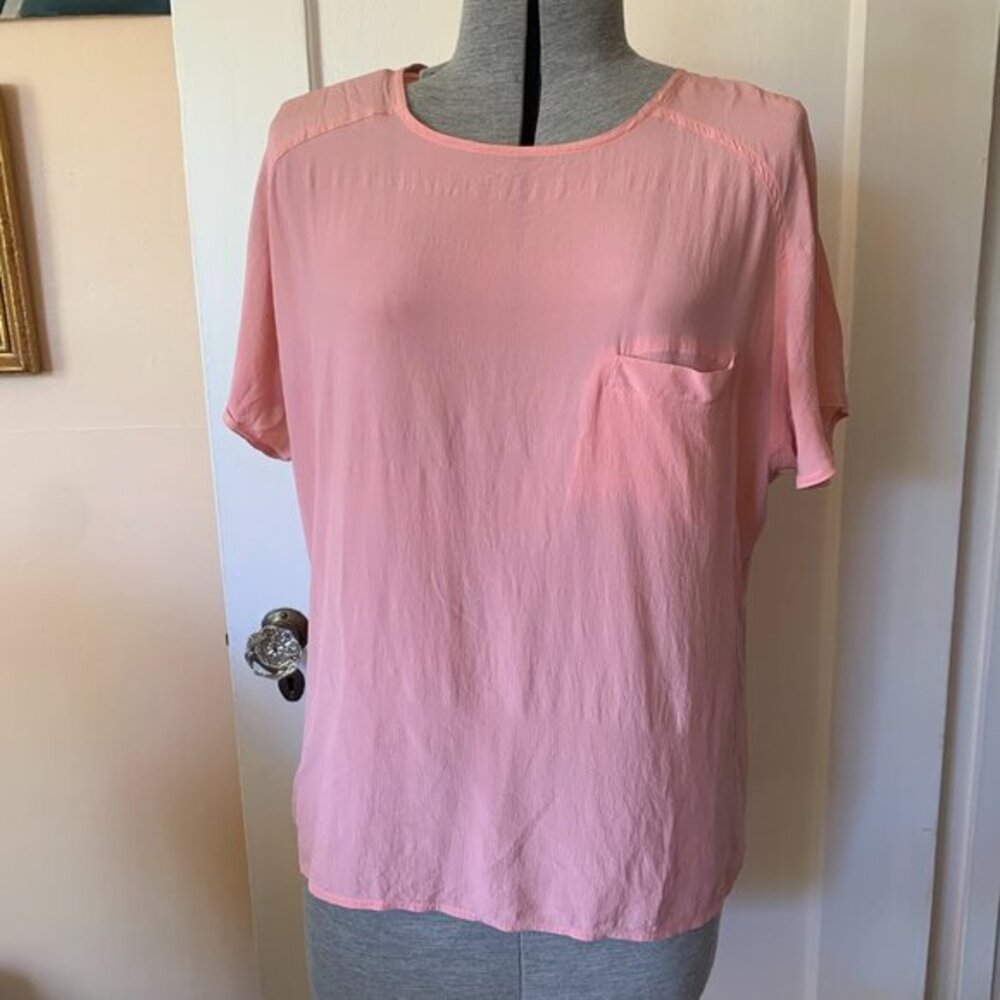 Ellen Ashley Pink 100%‎ Silk Short Sleeve Pocket Blouse XL